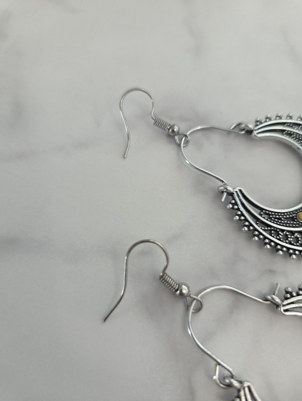 ​Paparazzi Silver Boho Crescent Fringe Statement Earrings Yellow Accents - Picture 7 of 11